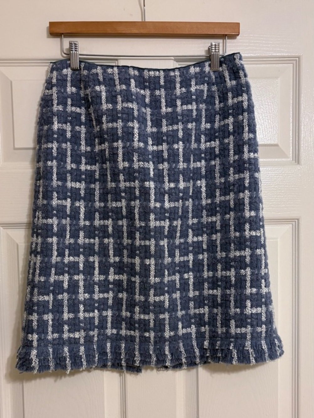 Lafayette 148 Tweed Wool Mohair Knee Skirt Blue White Fringe 4